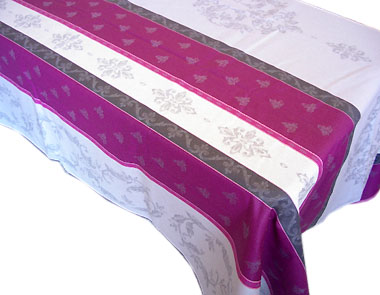 French Jacquard woven coated tablecloth (Montaulieu. Gray/plum)